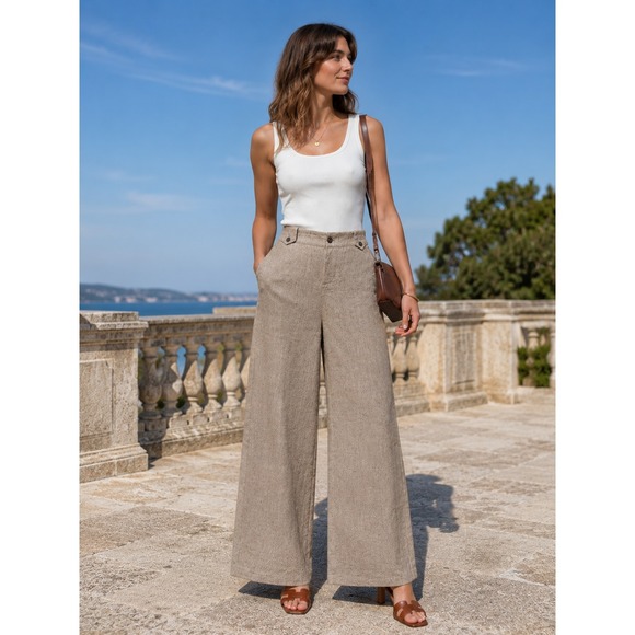 Banana Republic Pants - Banana Republic Flat Front Ryan Fit Wide Leg Linen Trouser Pants Tan 10 Tall EUC
